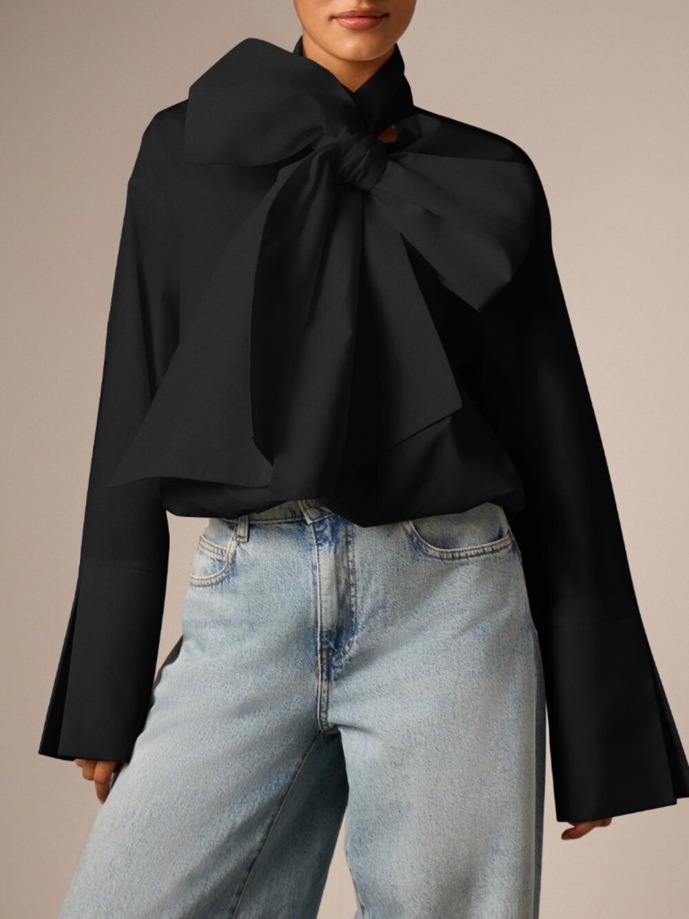 Black Elegant Women's Blouse with Oversized Bow Tie Neck and Bell Sleeves